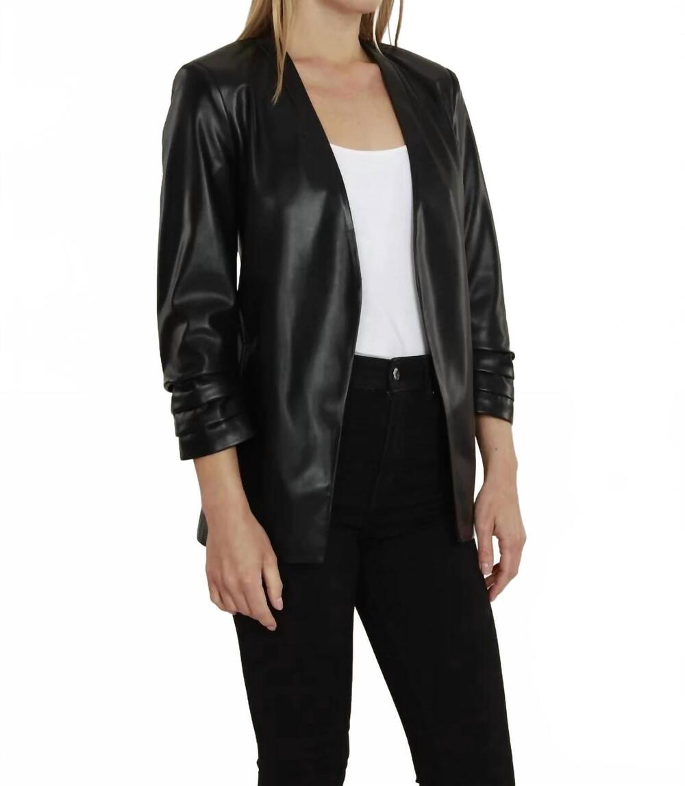 NEW DOLCE CABO faux leather ruched sleeve blazer in black